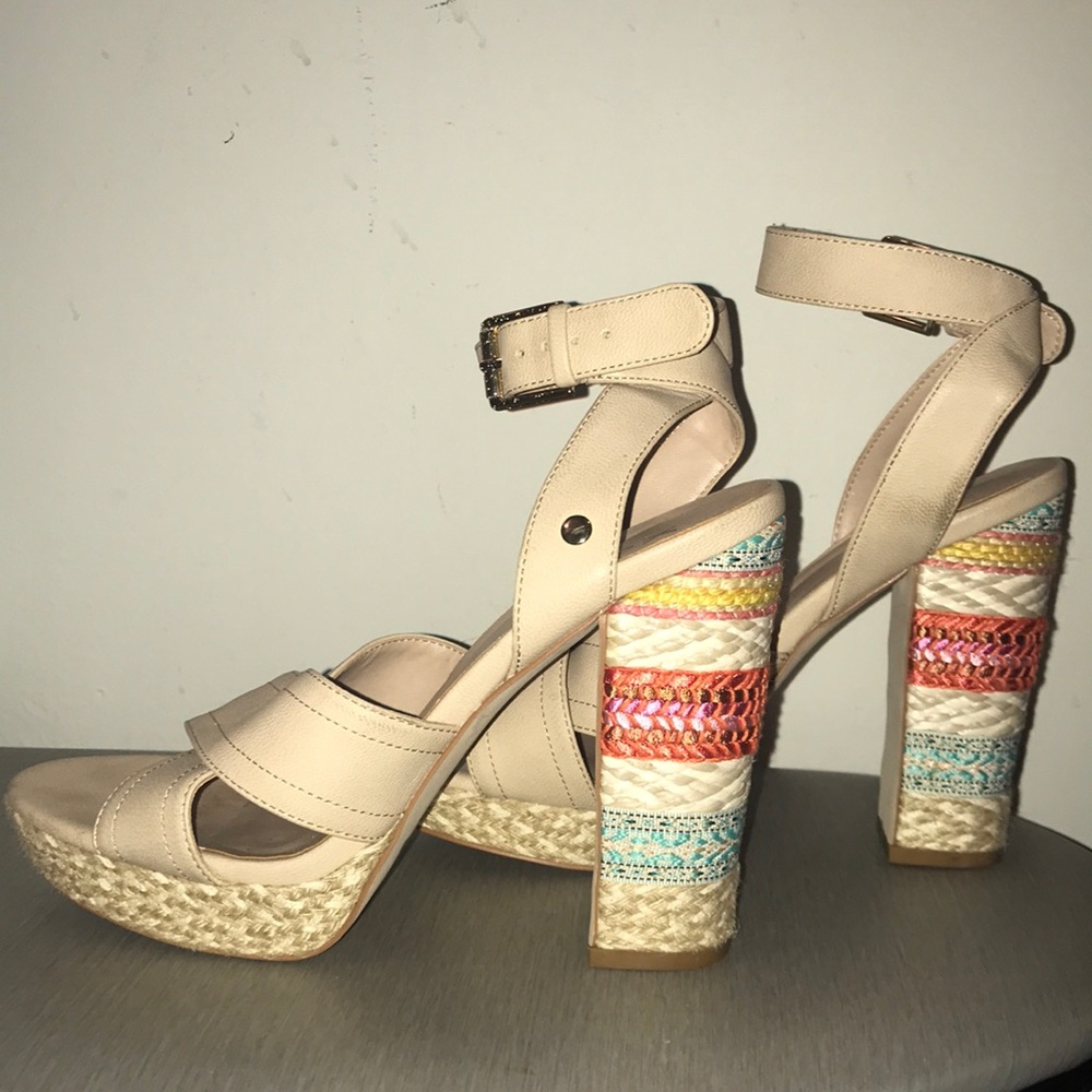 Beige woven heel high heels